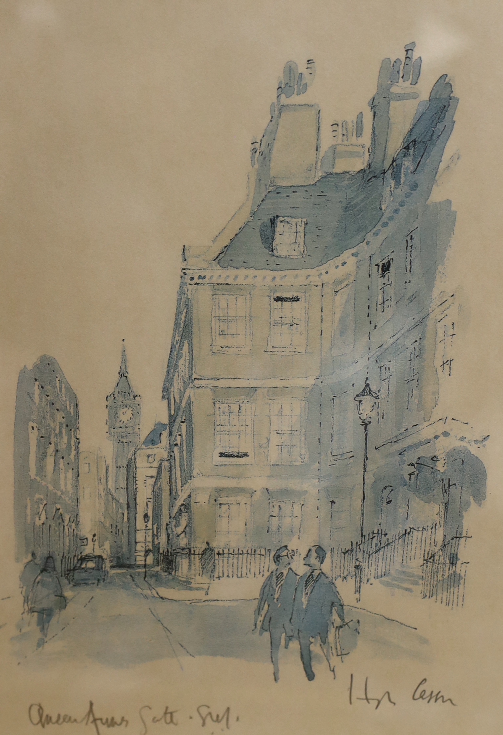 Sir Hugh Casson PRA (1910-1999), ink and watercolour, 'Garlanded Shrine, Chiogga', initialled, 8 x 16.5cm, together with a signed print of Queen Anne's Gate, 25 x 18cm